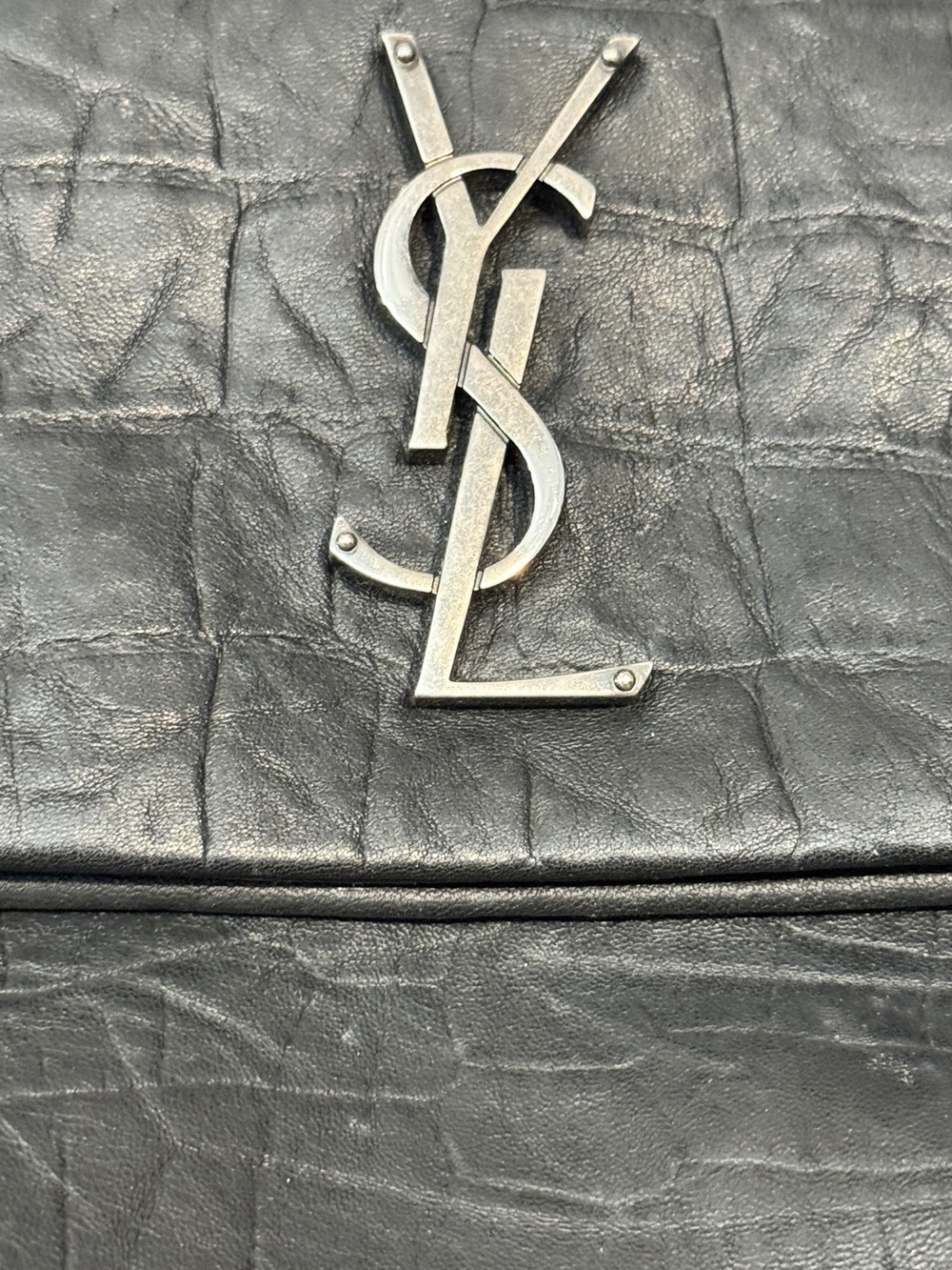 Saint Laurent Black Croc-Embossed Leather Shoulder Bag with Silver YSL Logo